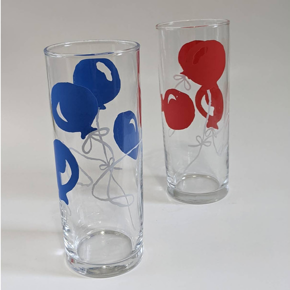 Vintage Libbey Red & Blue Balloon Glasses, Set of 2 Whimsical Barware Highball - Picture 8 of 10